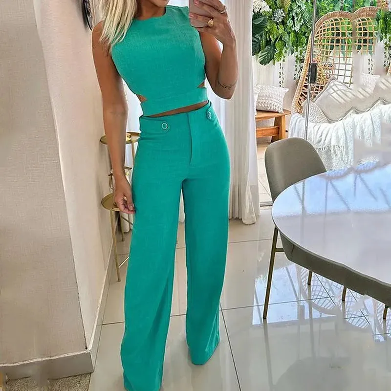 Crop Top Luna™ | Women's Two-Piece Set | Sleeveless Crop Top & High-Waisted Wide-Leg Trousers, Lightweight Fabric