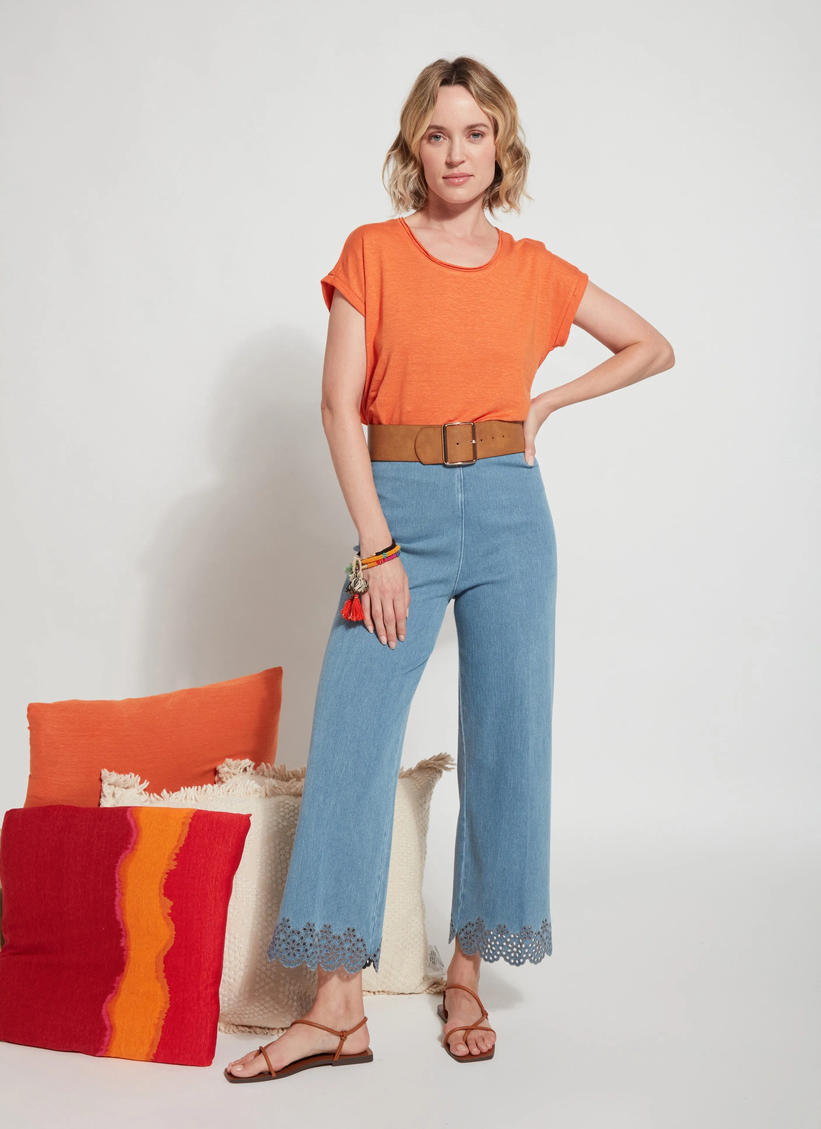 Cropped Embroidered Eyelet Wide Leg (26" Inseam)