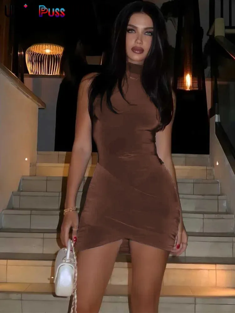 Cross Ruffles Mini Dress Solid Half High Collar