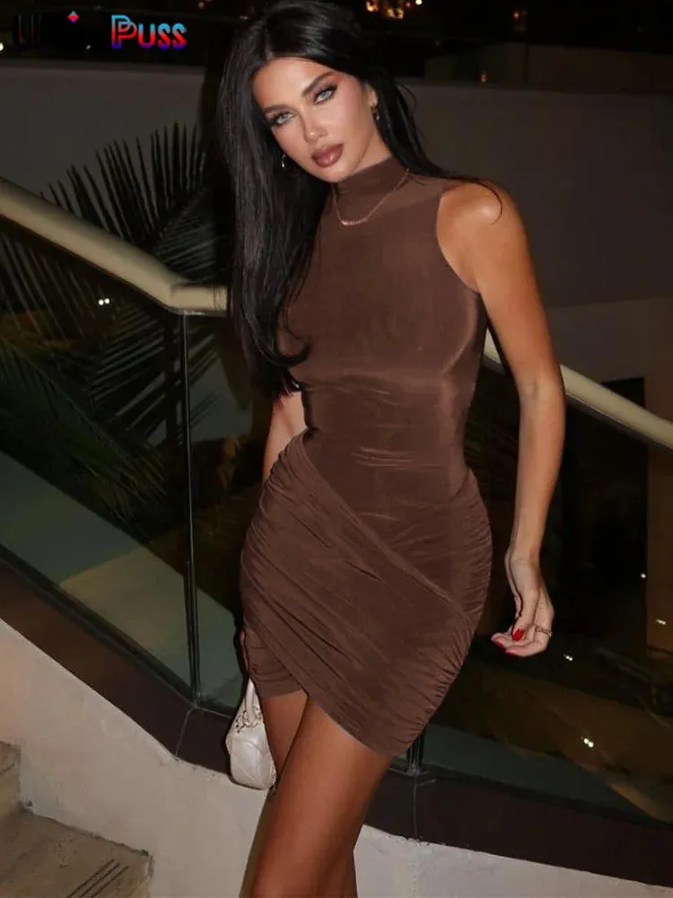 Cross Ruffles Mini Dress Solid Half High Collar