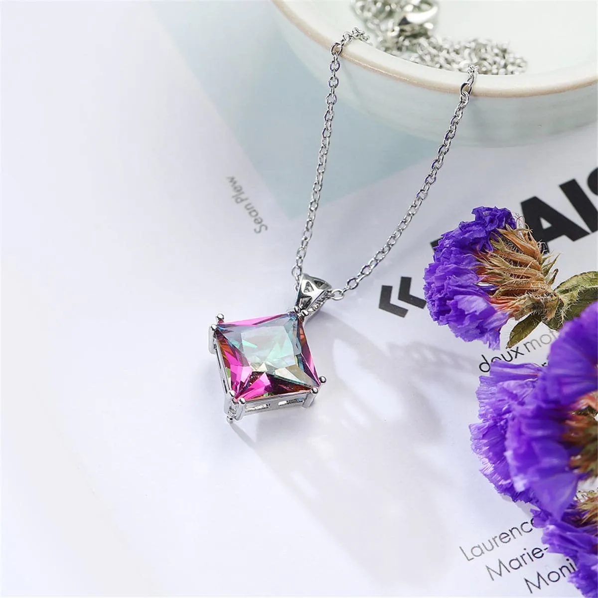Crystal & Silver-Plated Princess-Cut Pendant Necklace