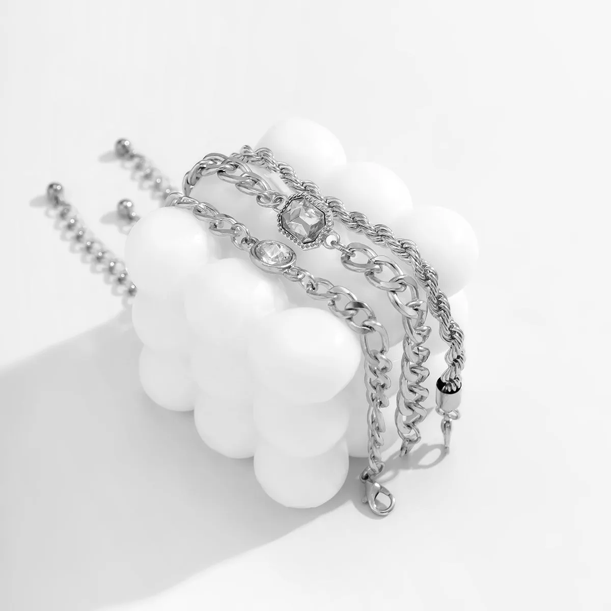 Crystal & Silver-Plated Rope Chain Bracelet Set