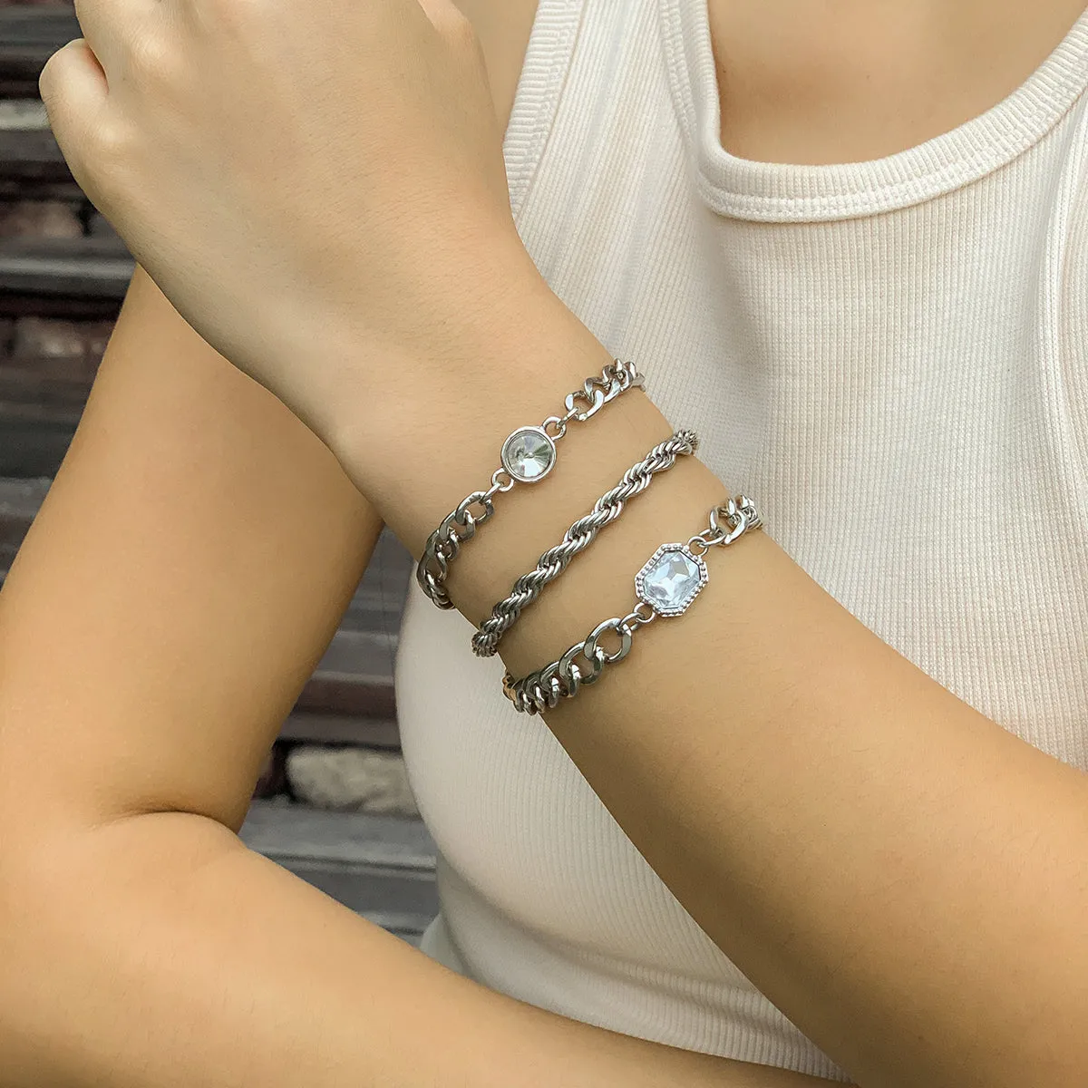 Crystal & Silver-Plated Rope Chain Bracelet Set