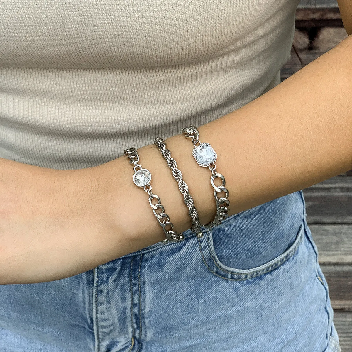 Crystal & Silver-Plated Rope Chain Bracelet Set