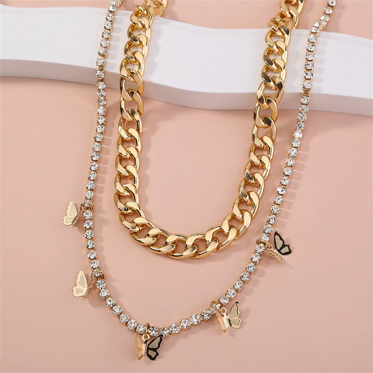 Cubic Zirconia & 18K Gold-Plated Butterfly Station Necklace Set
