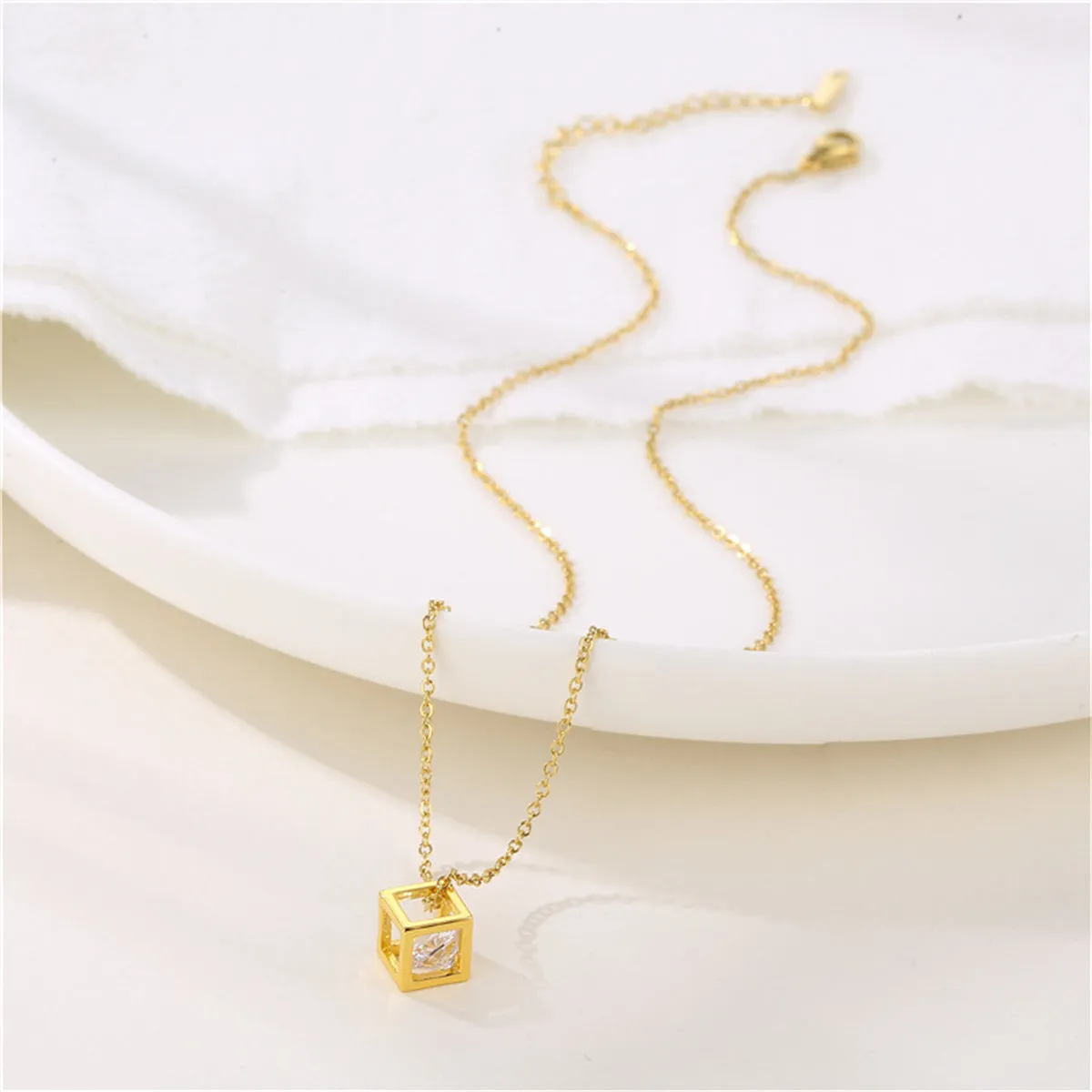 Cubic Zirconia & 18K Gold-Plated Cube Pendant Necklace