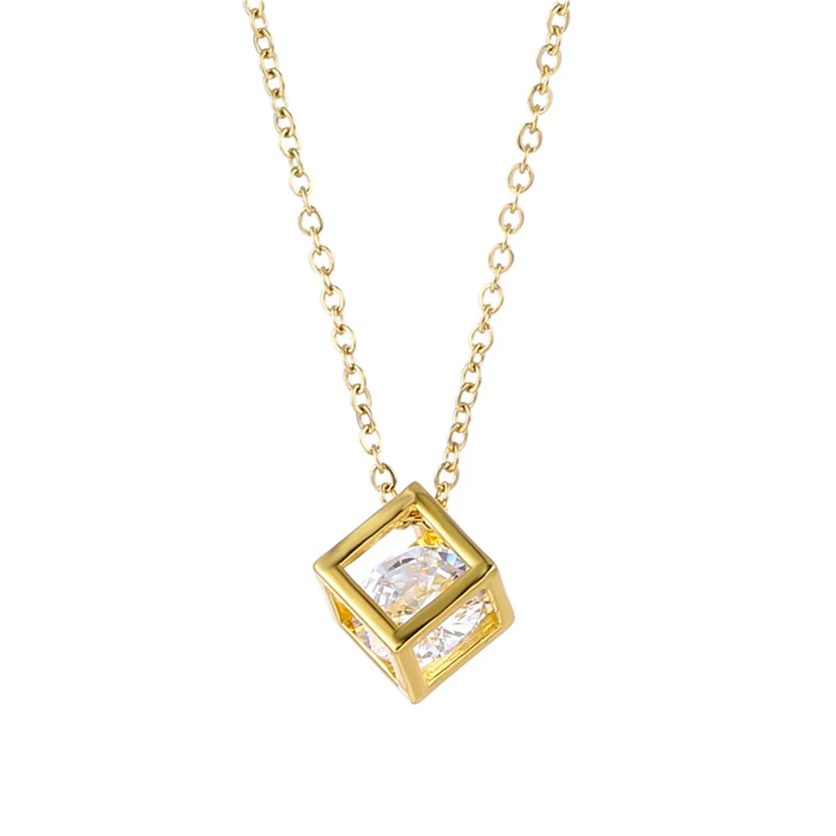 Cubic Zirconia & 18K Gold-Plated Cube Pendant Necklace