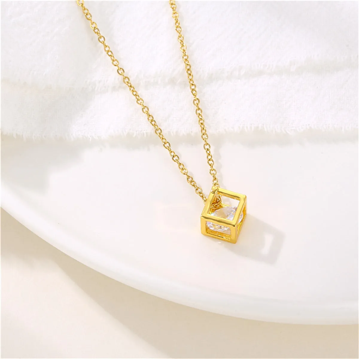 Cubic Zirconia & 18K Gold-Plated Cube Pendant Necklace