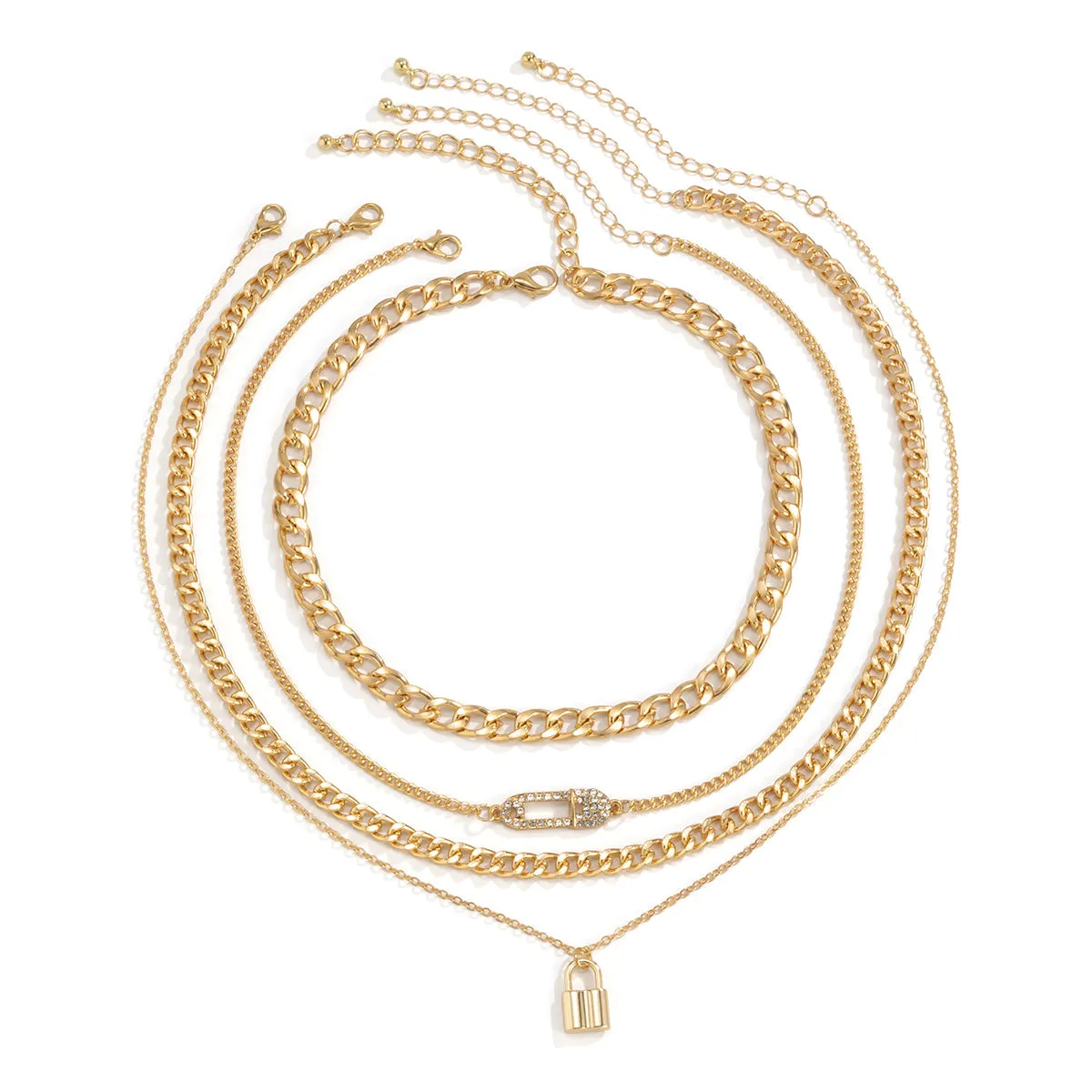 Cubic Zirconia & 18K Gold-Plated Curb Chain Four-Piece Necklace Set