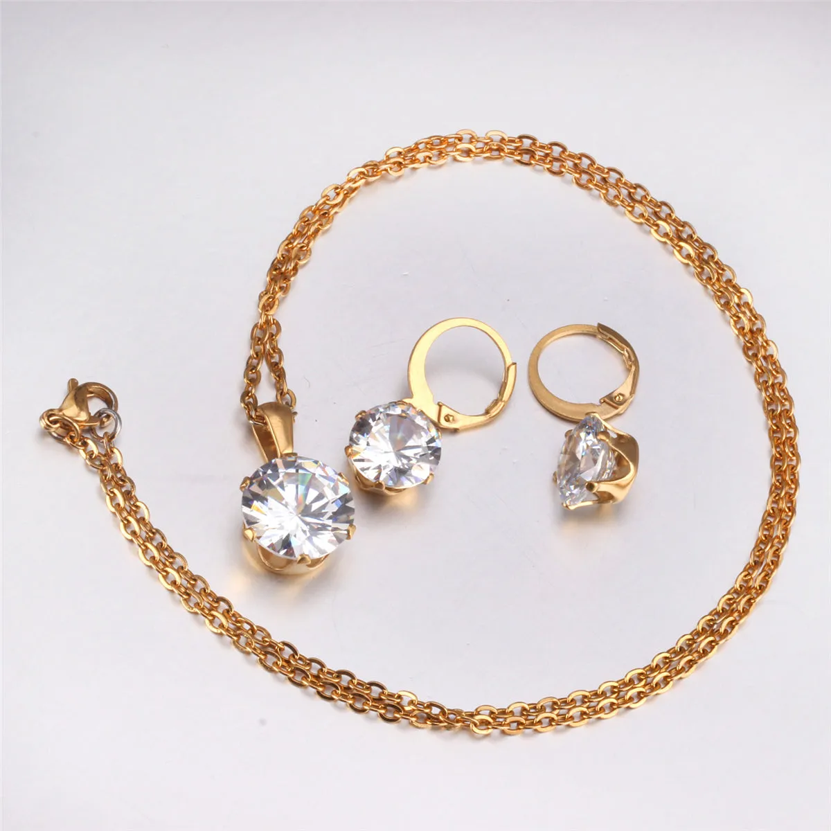 Cubic Zirconia & 18K Gold-Plated Drop Huggie Earrings & Pendant Necklace