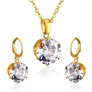 Cubic Zirconia & 18K Gold-Plated Drop Huggie Earrings & Pendant Necklace