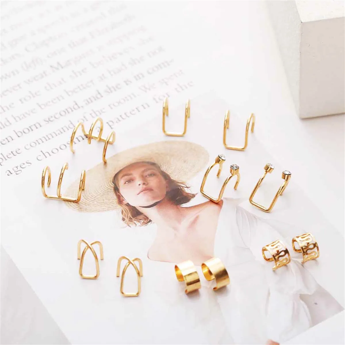 Cubic Zirconia & 18K Gold-Plated Layered Ear Cuff Set