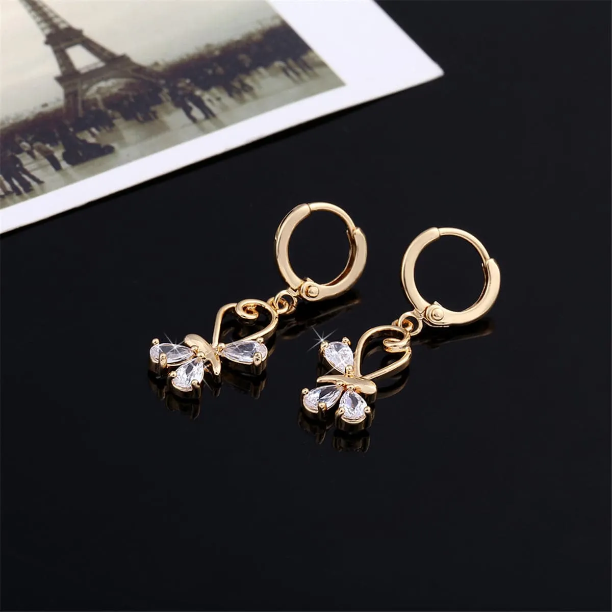 Cubic Zirconia & 18K Gold-Plated Loop Butterfly Drop Earrings
