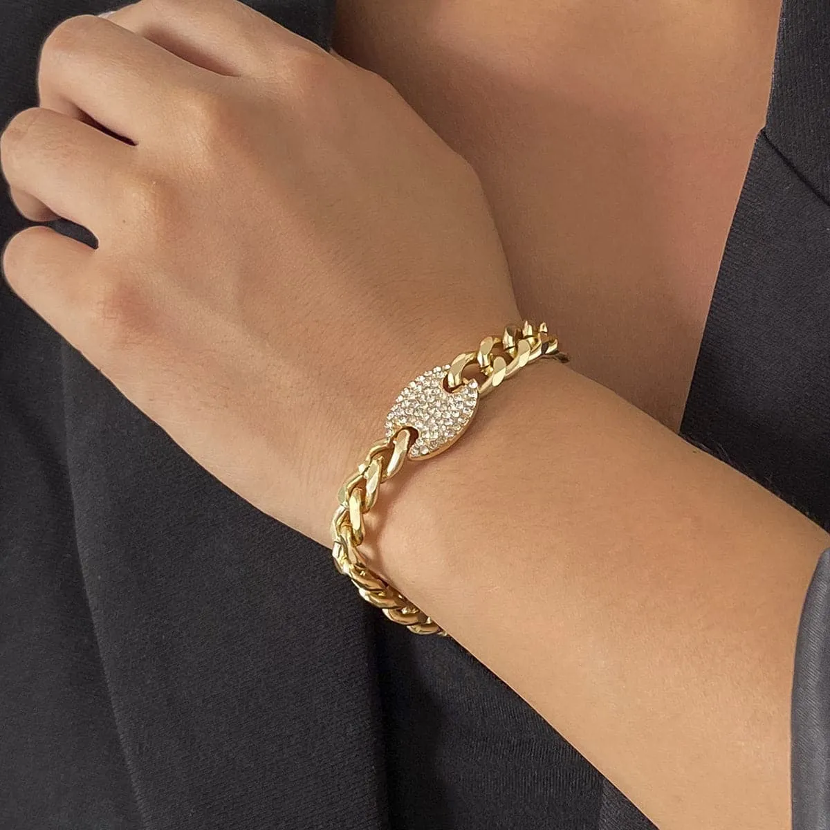 Cubic Zirconia & 18K Gold-Plated Oval Cable Chain Bracelet