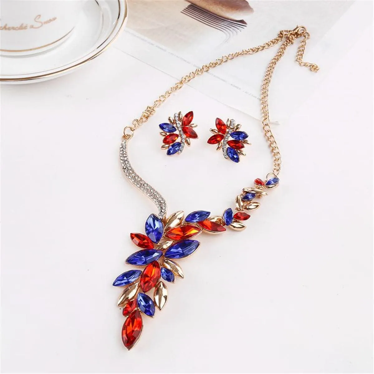Cubic Zirconia & 18K Gold-Plated Red Statement Earrings & Necklace