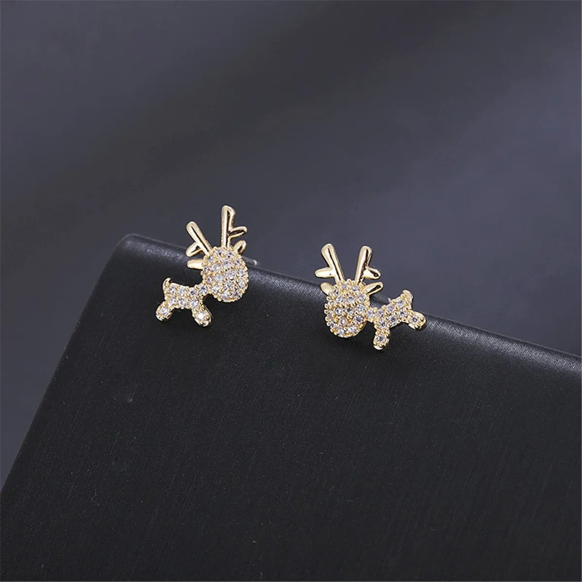 Cubic Zirconia & 18K Gold-Plated Reindeer Stud Earrings