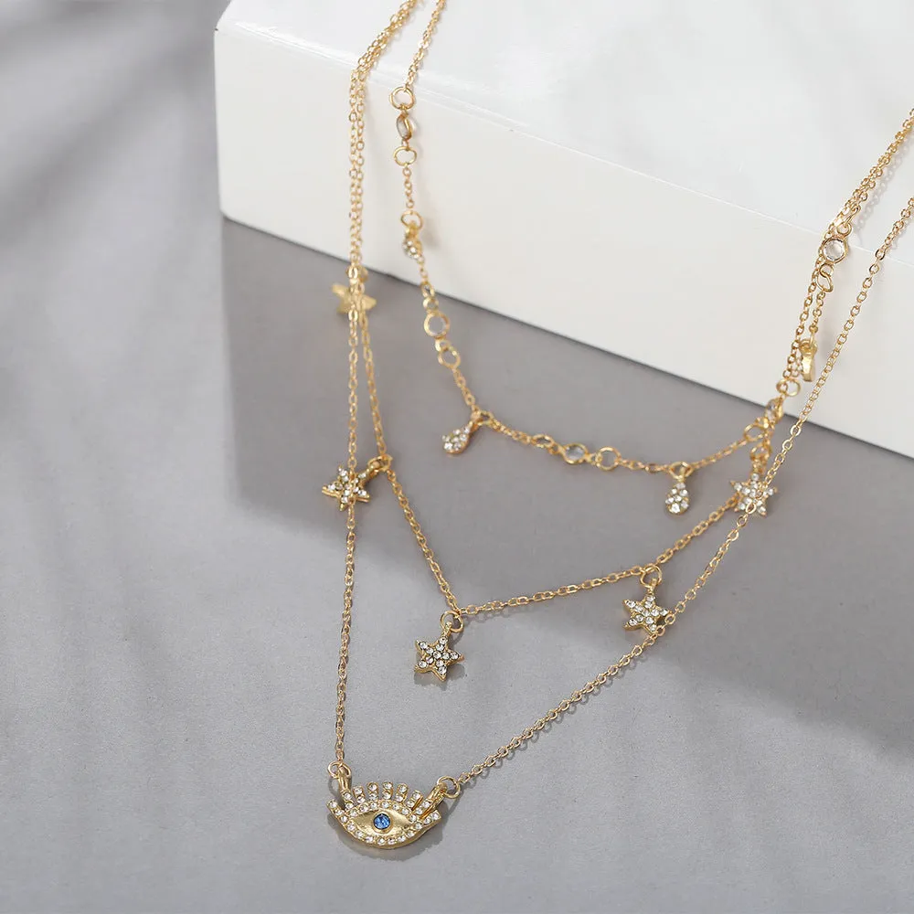 Cubic Zirconia & 18K Gold-Plated Star & Eye Layered Necklace