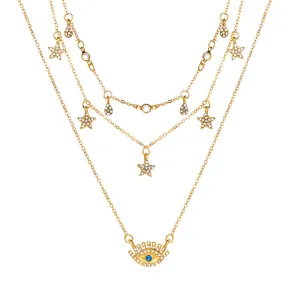 Cubic Zirconia & 18K Gold-Plated Star & Eye Layered Necklace
