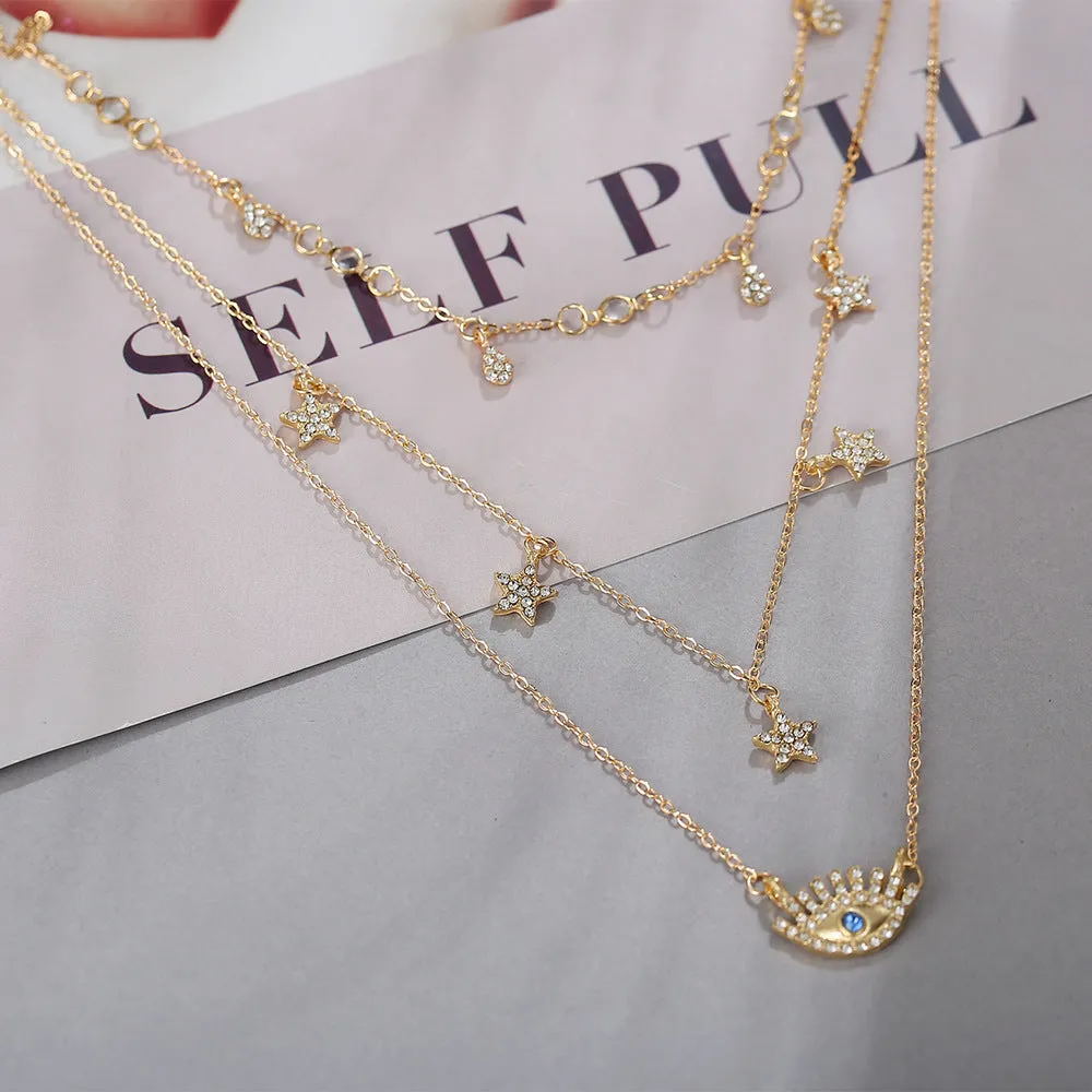 Cubic Zirconia & 18K Gold-Plated Star & Eye Layered Necklace