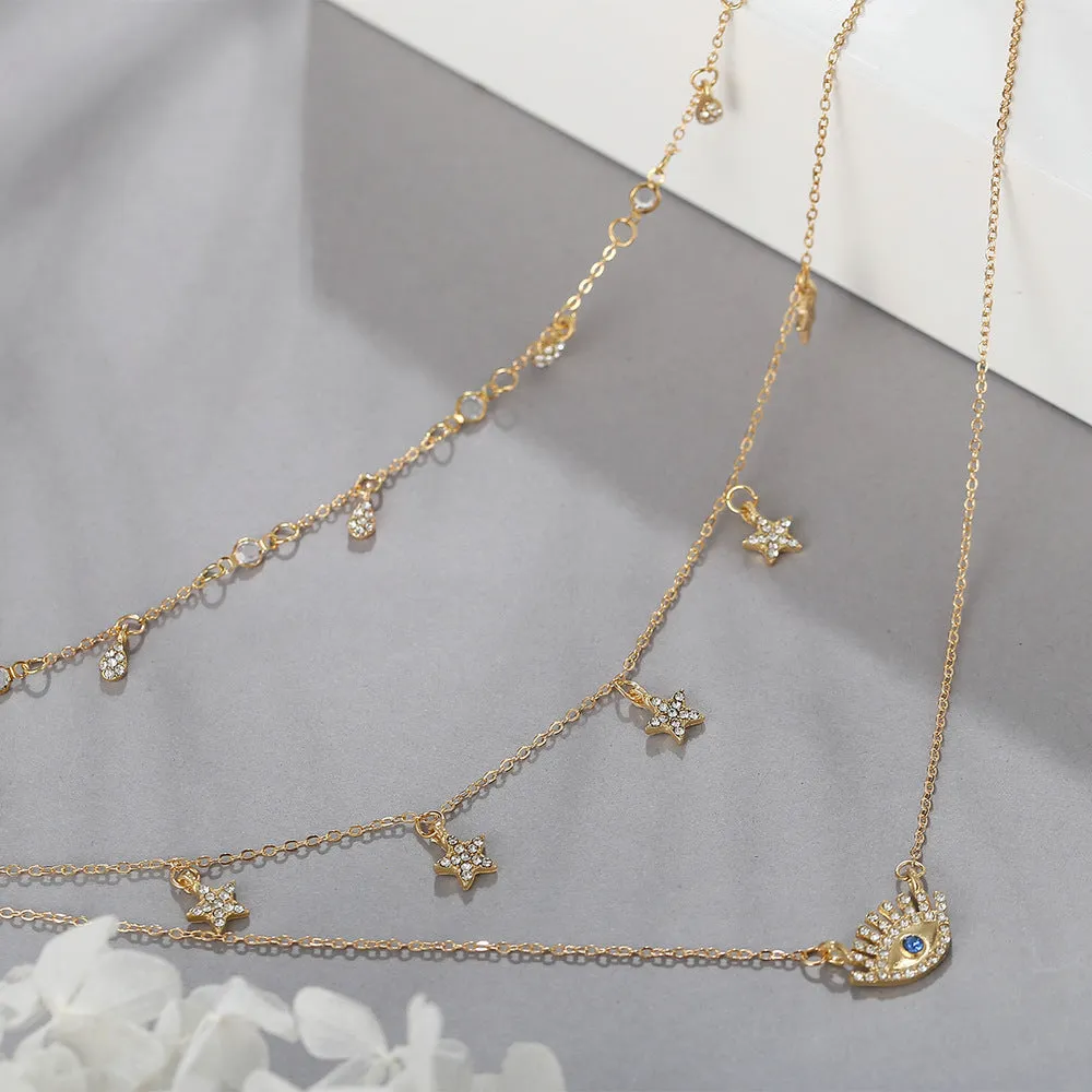 Cubic Zirconia & 18K Gold-Plated Star & Eye Layered Necklace