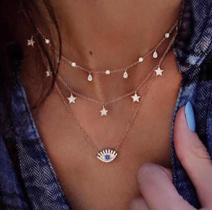 Cubic Zirconia & 18K Gold-Plated Star & Eye Layered Necklace