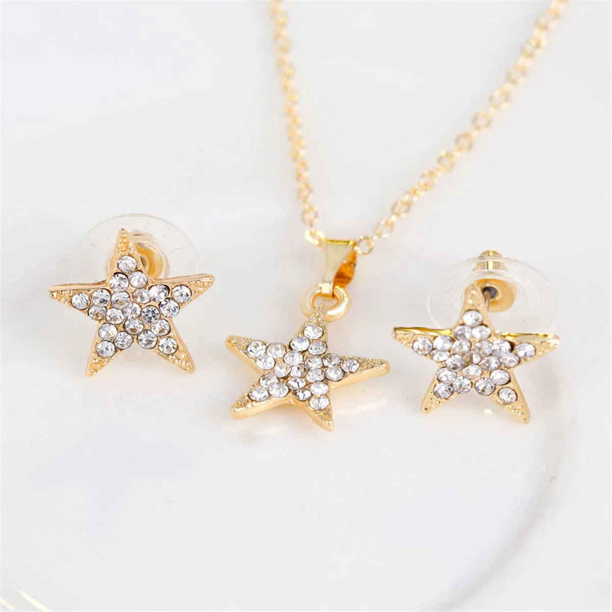 Cubic Zirconia & 18K Gold-Plated Star Pendant Necklace Set