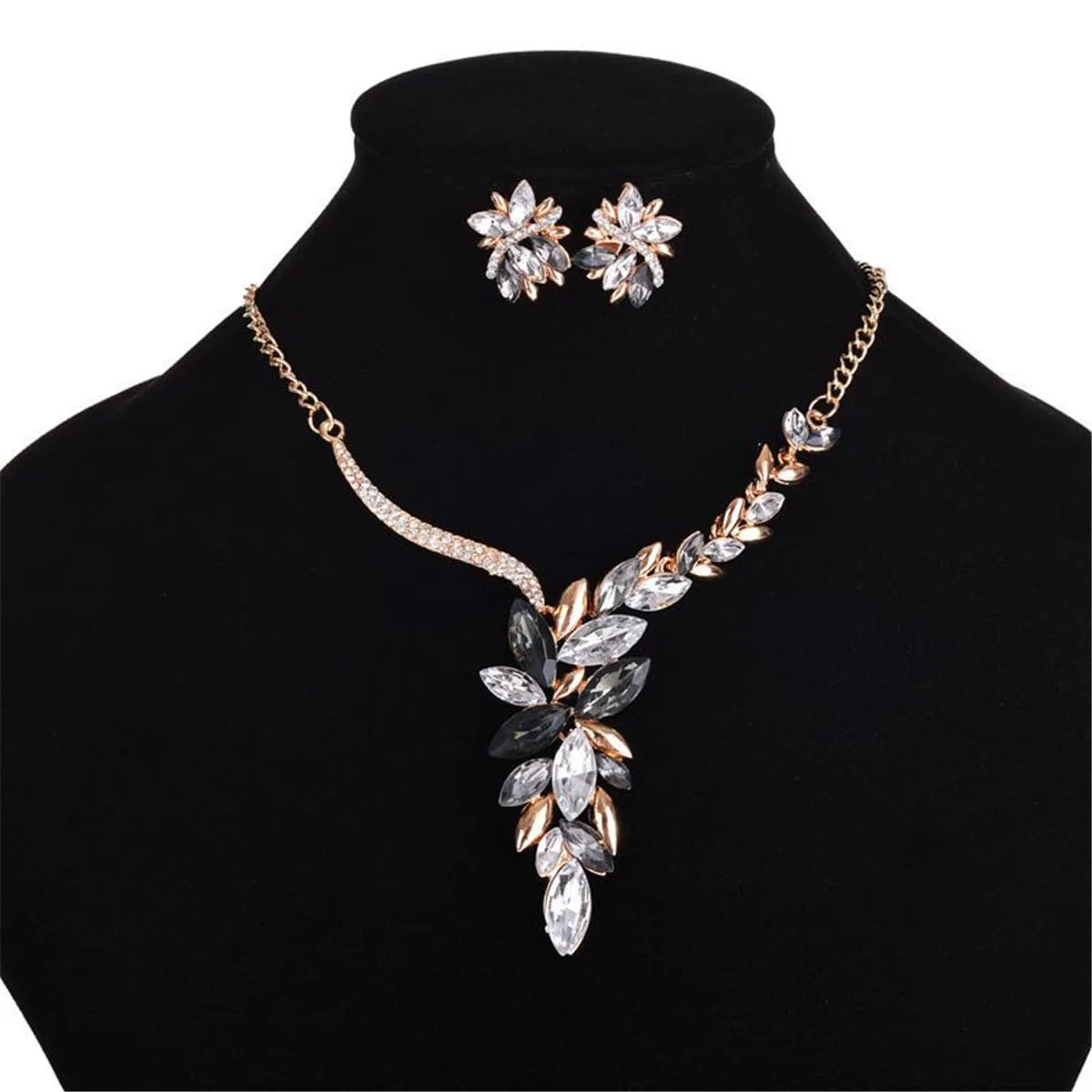 Cubic Zirconia & 18K Gold-Plated Statement Black Earrings & Necklace