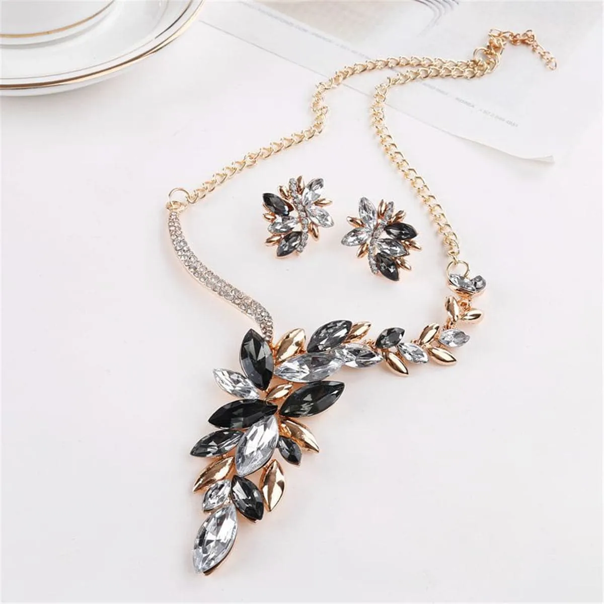 Cubic Zirconia & 18K Gold-Plated Statement Black Earrings & Necklace