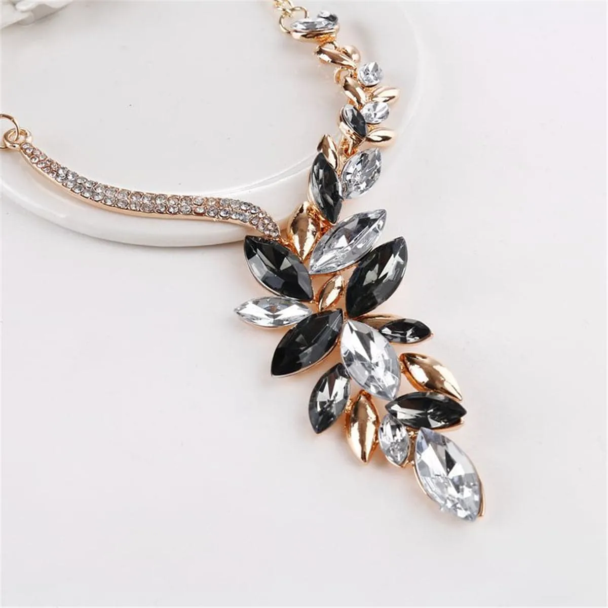 Cubic Zirconia & 18K Gold-Plated Statement Black Earrings & Necklace