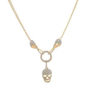 Cubic Zirconia & 18K Gold-Plated Triple Skull & Ring Pendant Necklace