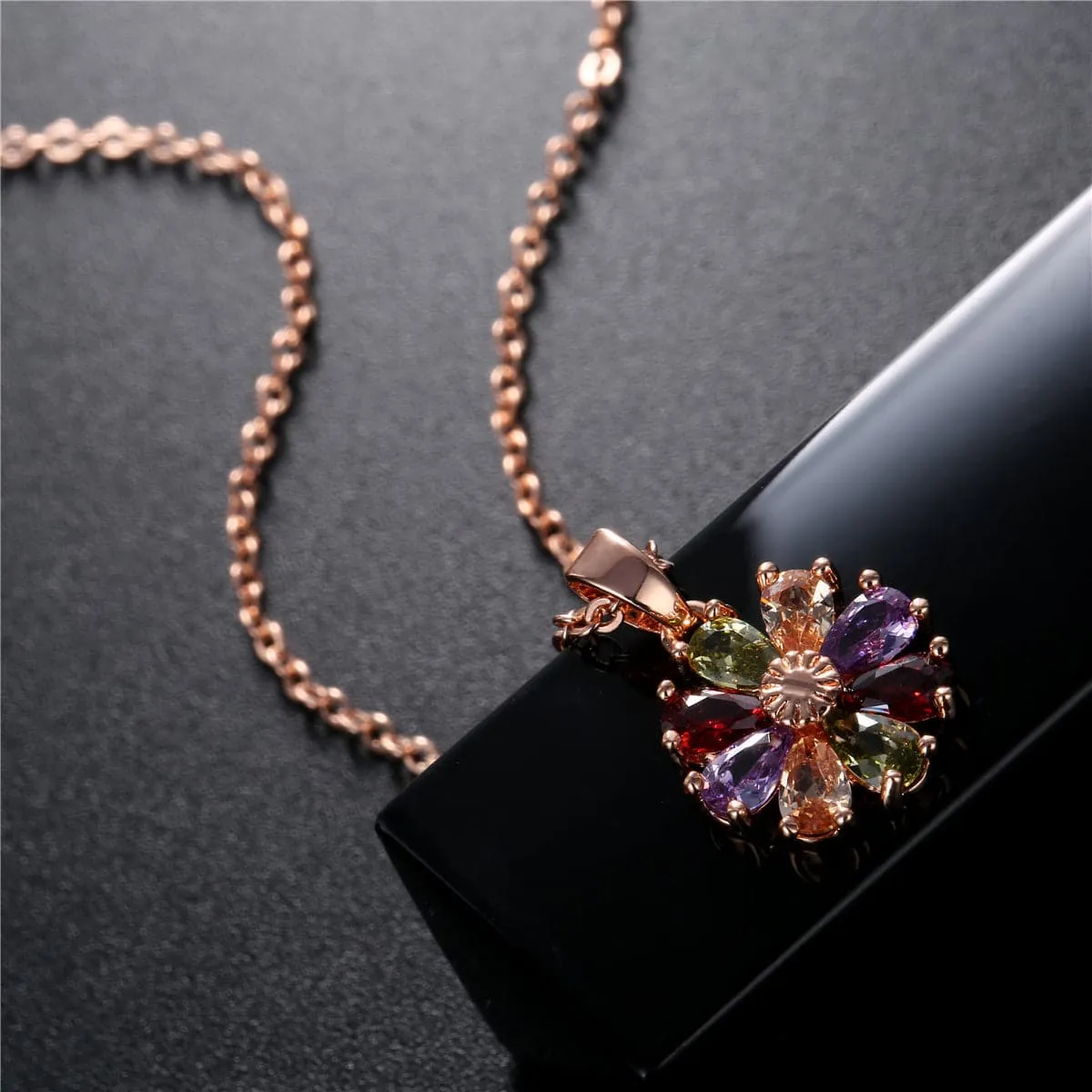 Cubic Zirconia & 18K Rose Gold-Plated Floral Pendant Necklace