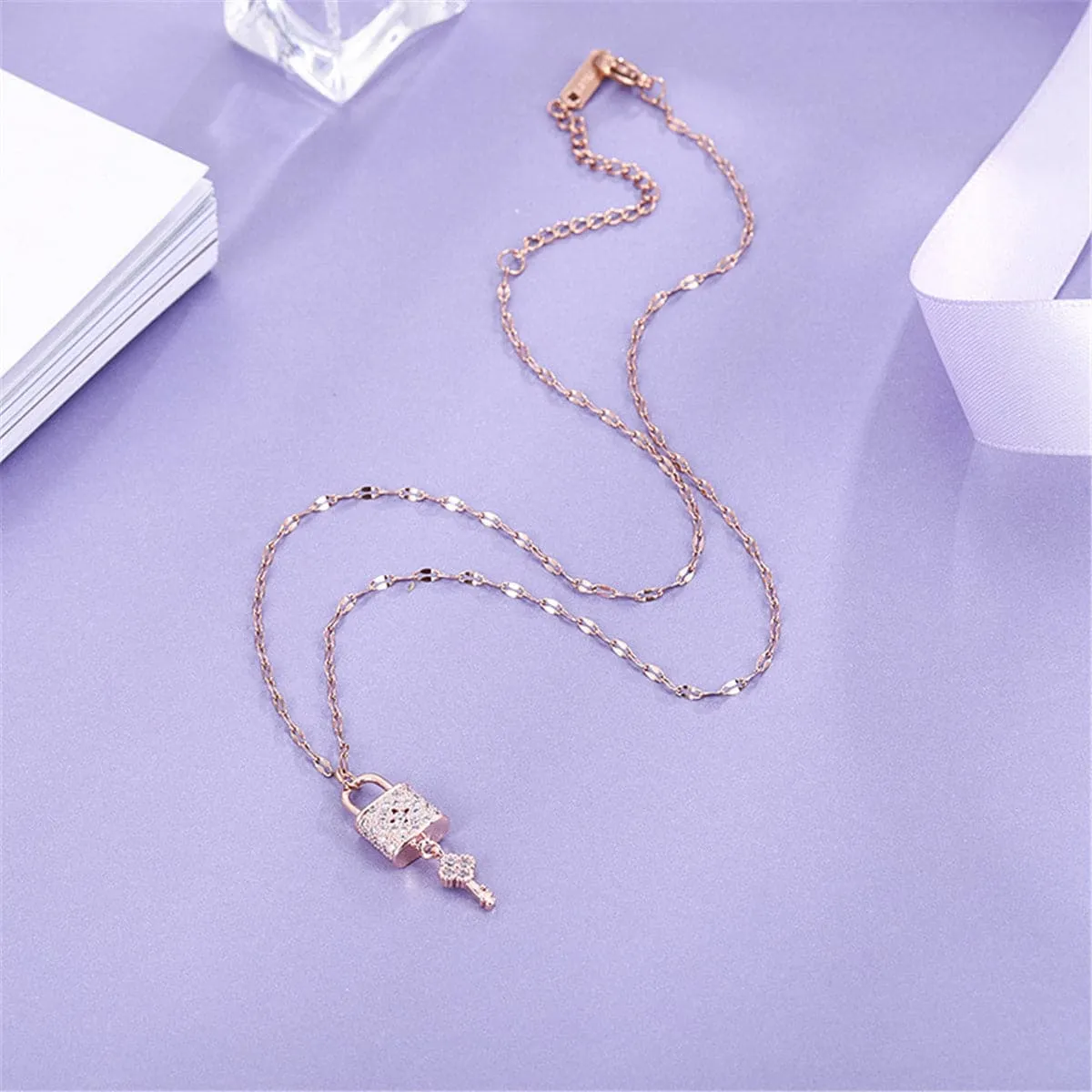Cubic Zirconia & 18K Rose Gold-Plated Lock & Key Pendant Necklace