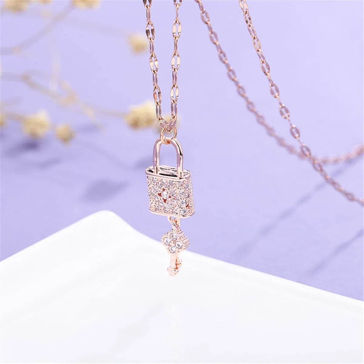 Cubic Zirconia & 18K Rose Gold-Plated Lock & Key Pendant Necklace