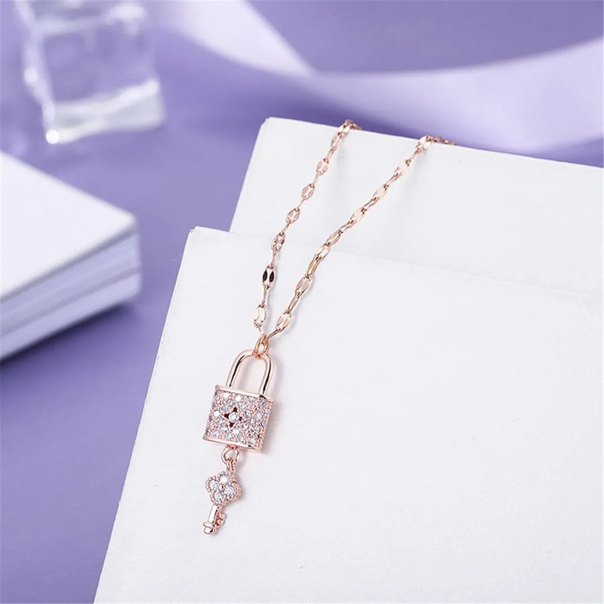 Cubic Zirconia & 18K Rose Gold-Plated Lock & Key Pendant Necklace