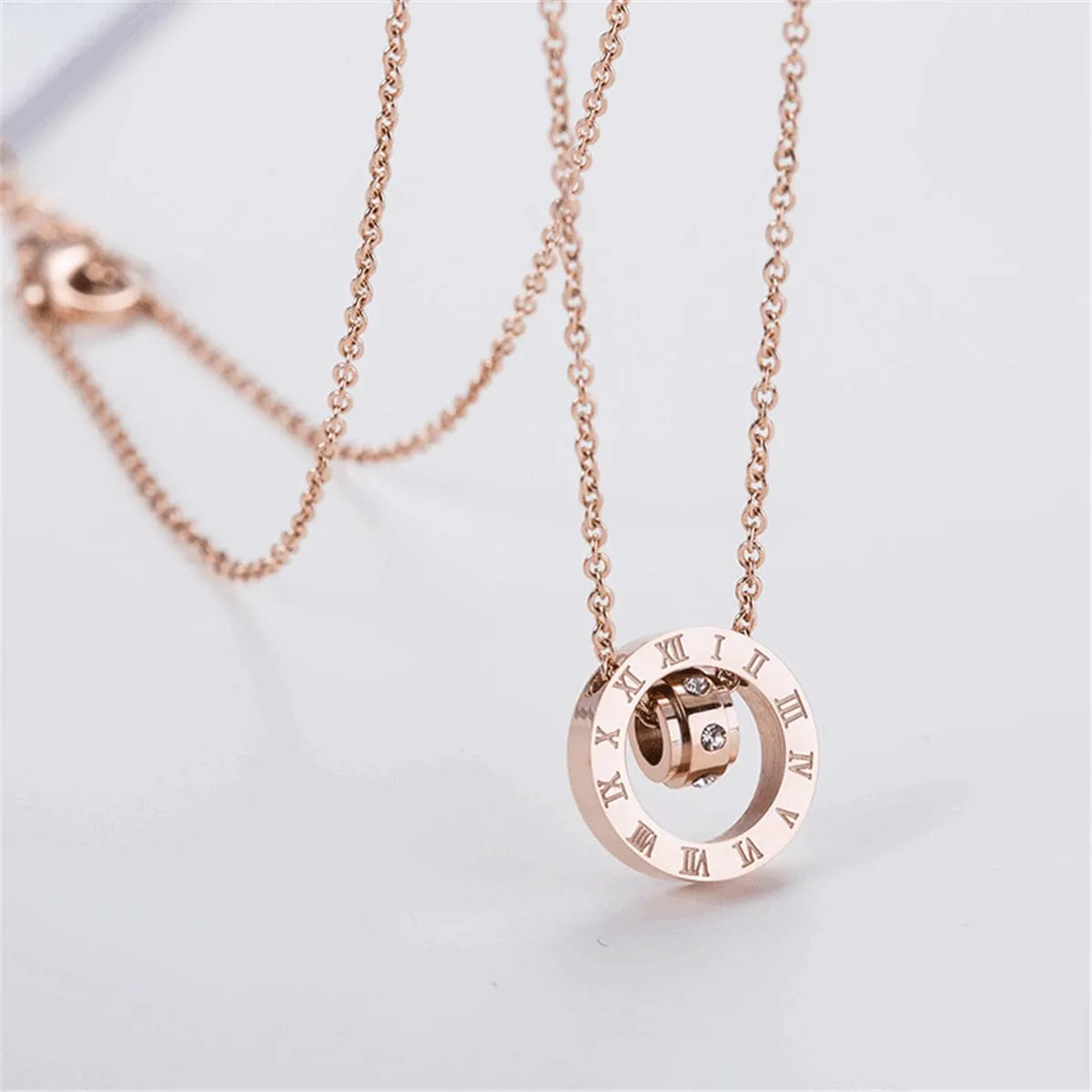 Cubic Zirconia & 18K Rose Roman Numeral Circle Pendant Necklace