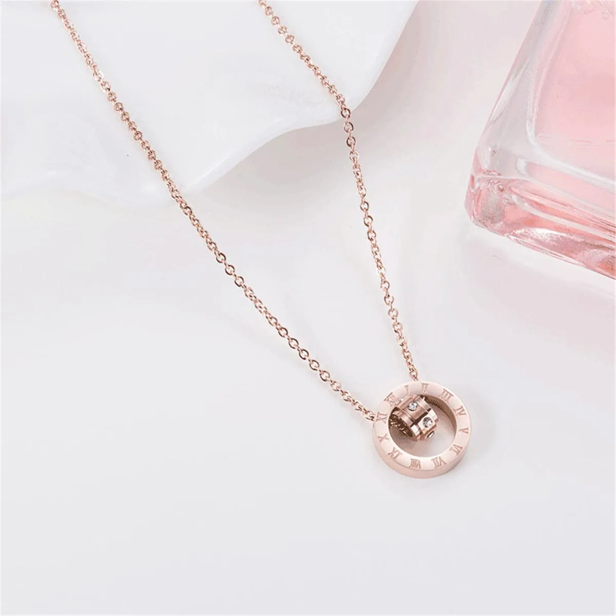 Cubic Zirconia & 18K Rose Roman Numeral Circle Pendant Necklace