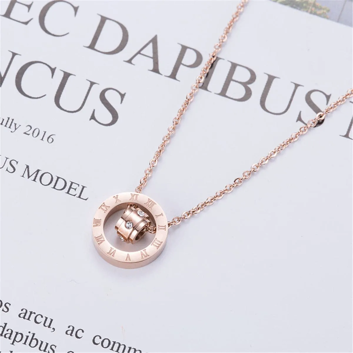 Cubic Zirconia & 18K Rose Roman Numeral Circle Pendant Necklace