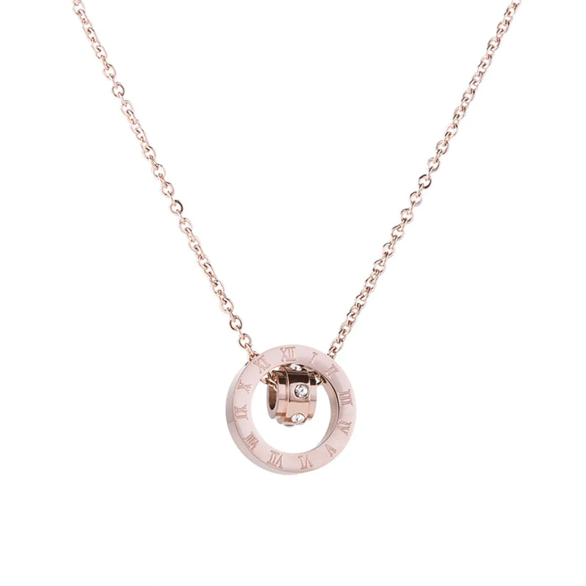 Cubic Zirconia & 18K Rose Roman Numeral Circle Pendant Necklace