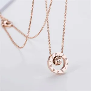 Cubic Zirconia & 18K Rose Roman Numeral Circle Pendant Necklace