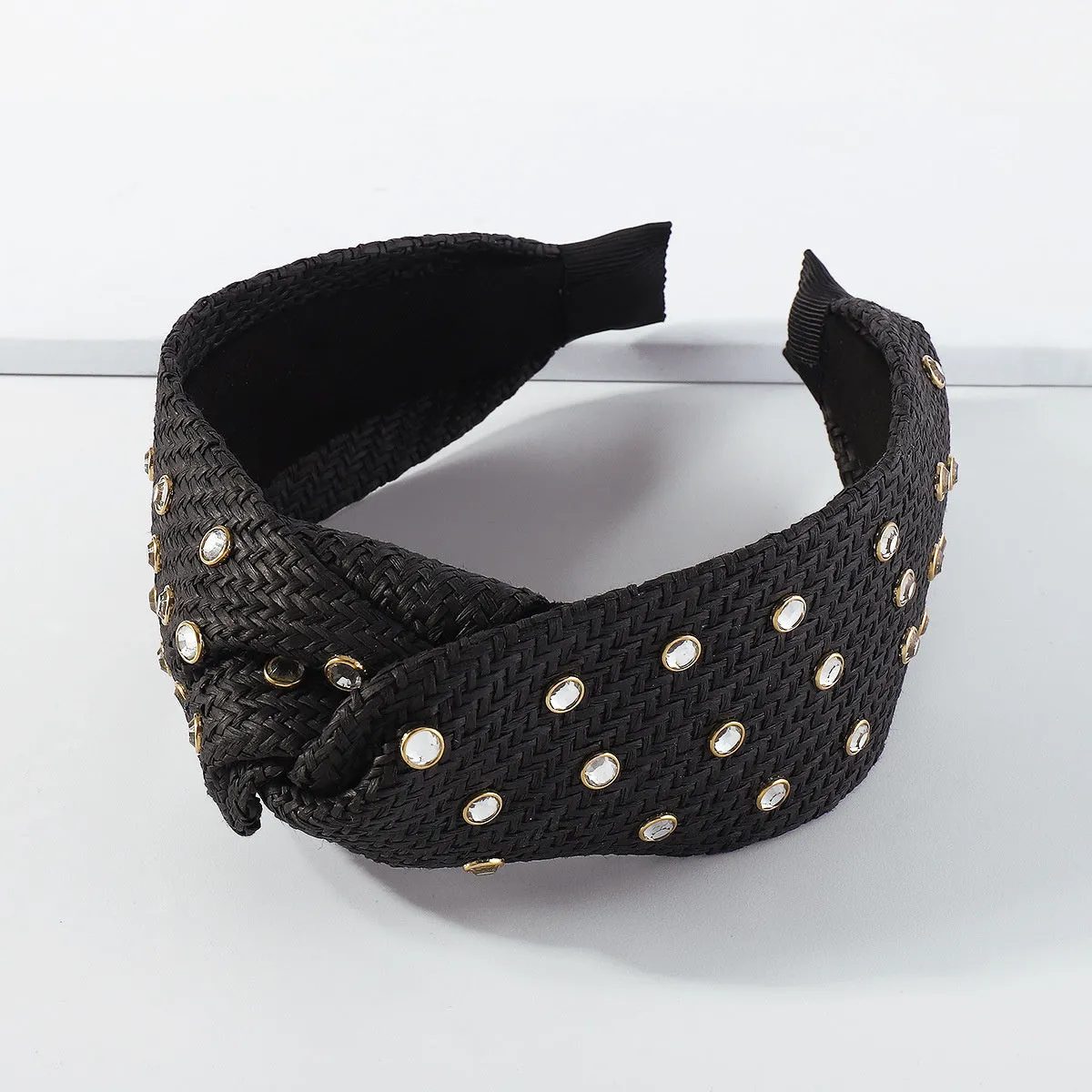 Cubic Zirconia & Black Raffia Knot Hard Headband