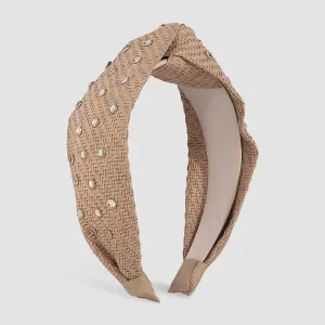 Cubic Zirconia & Coffee Raffia Knot Hard Headband