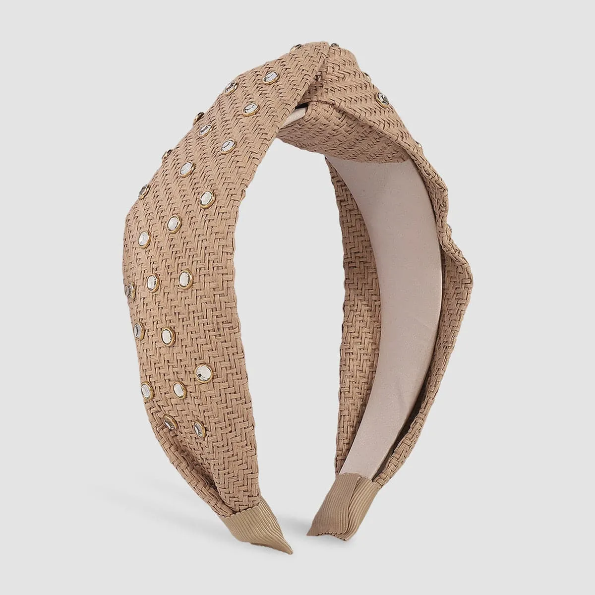 Cubic Zirconia & Coffee Raffia Knot Hard Headband