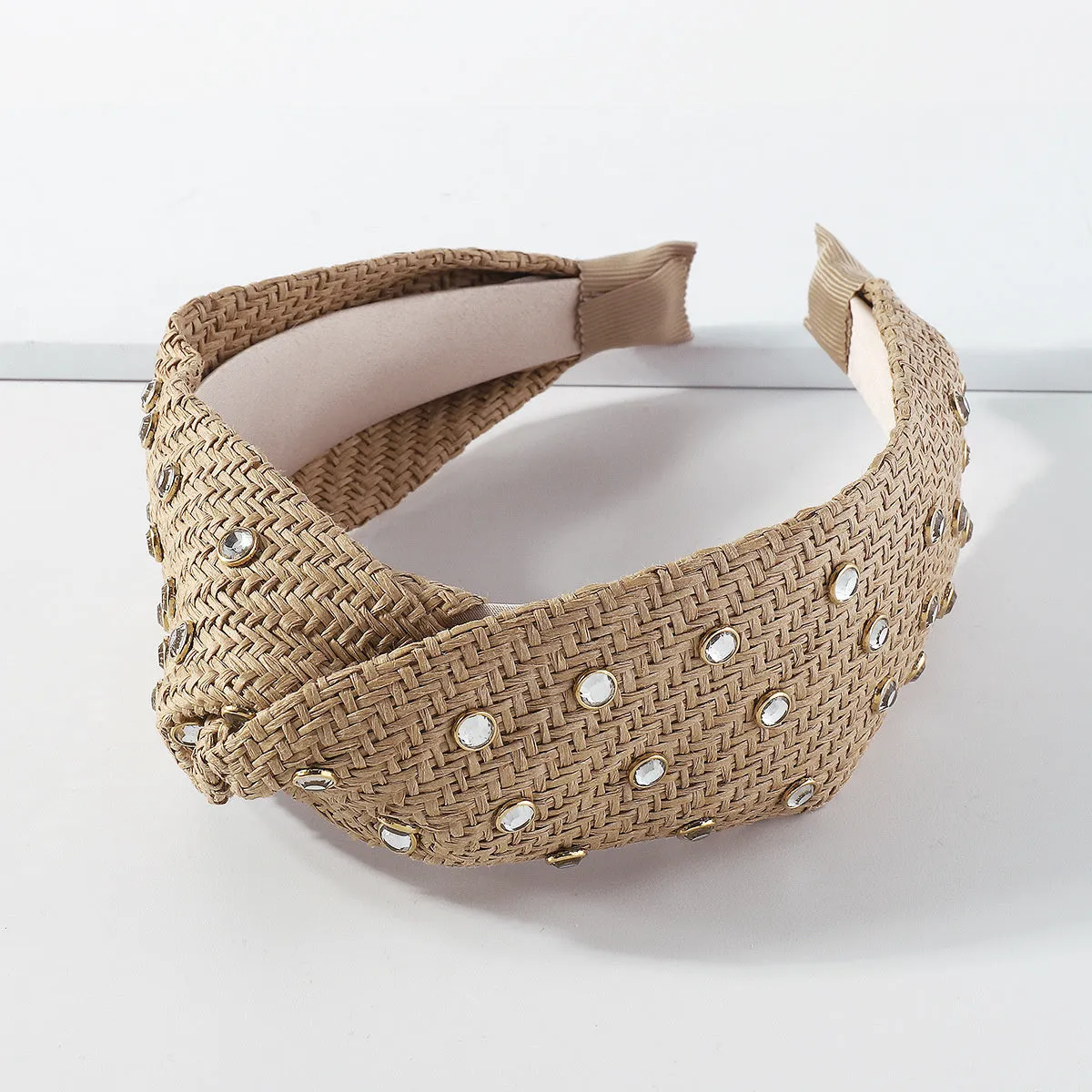 Cubic Zirconia & Coffee Raffia Knot Hard Headband