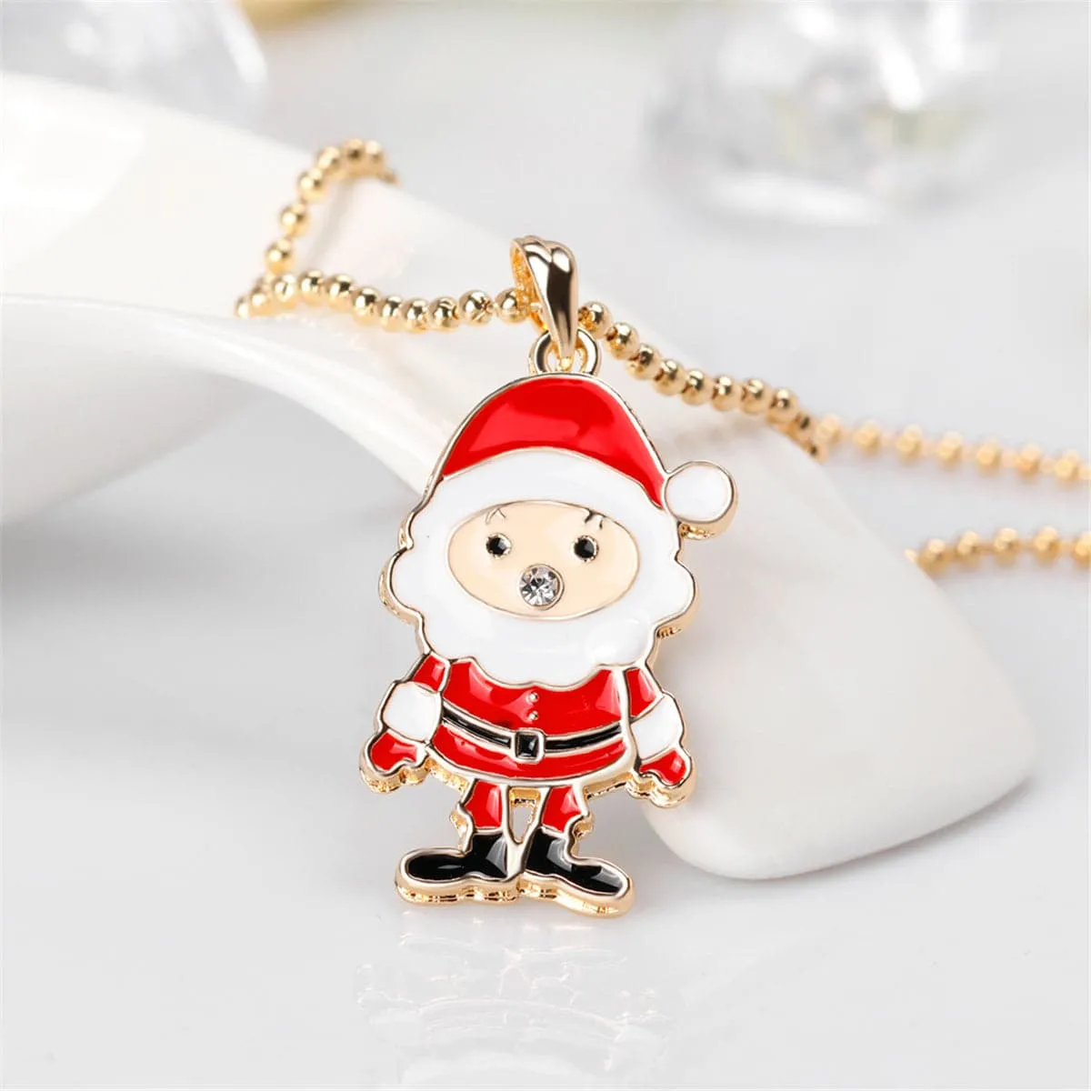 Cubic Zirconia & Enamel 18K Gold-Plated Santa Claus Pendant Necklace