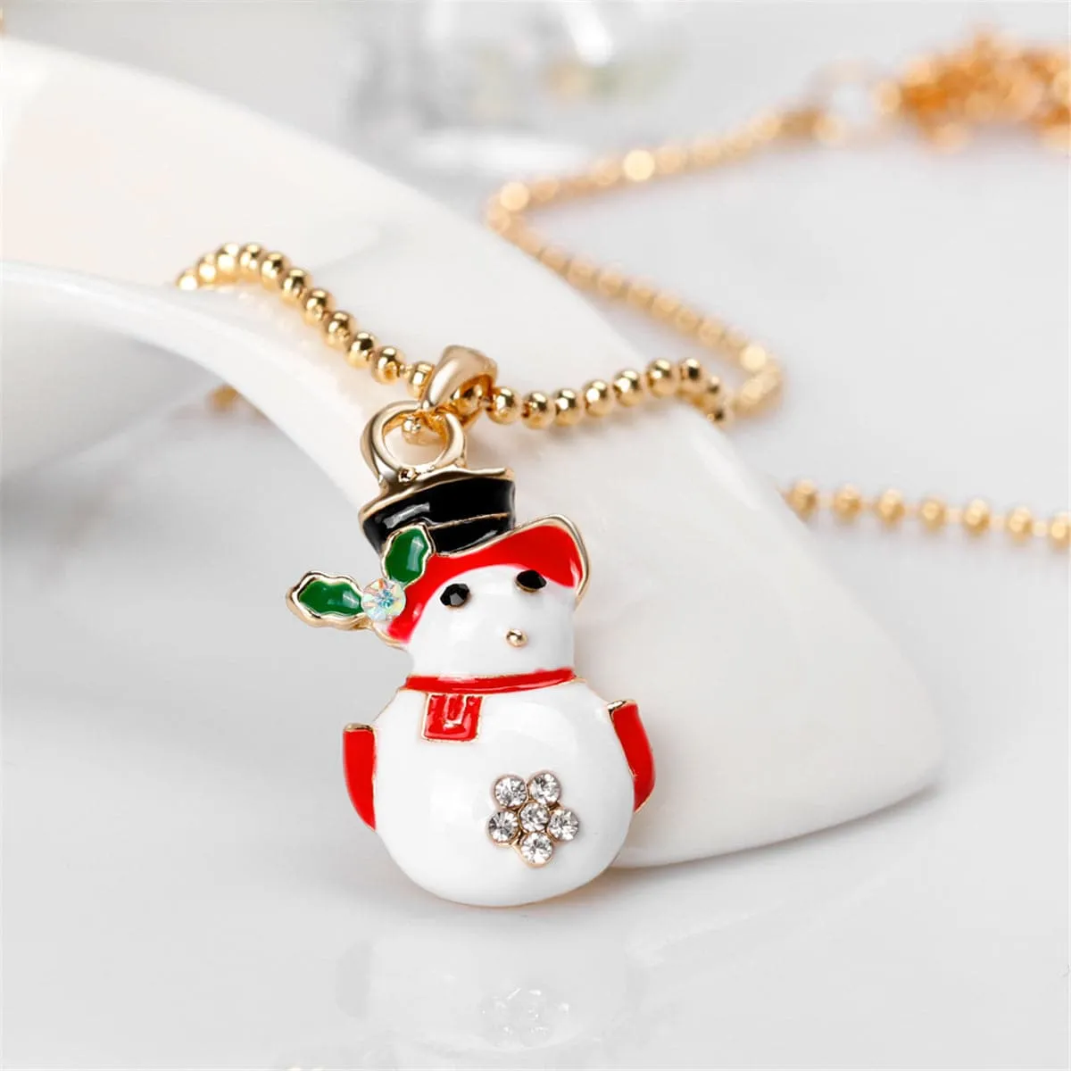 Cubic Zirconia & Enamel 18K Gold-Plated Snowman Pendant Necklace