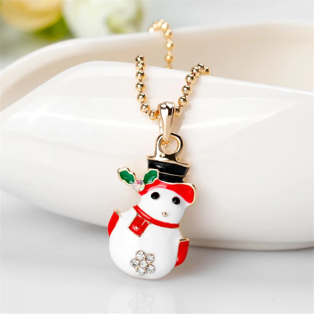 Cubic Zirconia & Enamel 18K Gold-Plated Snowman Pendant Necklace