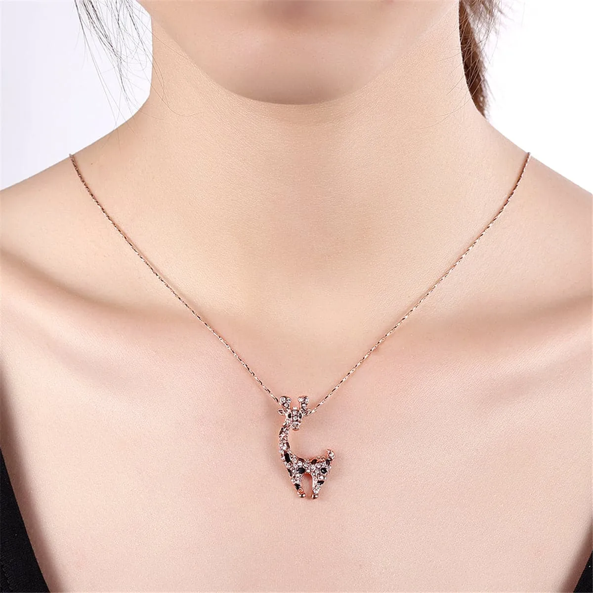 Cubic Zirconia & Enamel 18K Rose Gold-Plated Giraffe Pendant Necklace