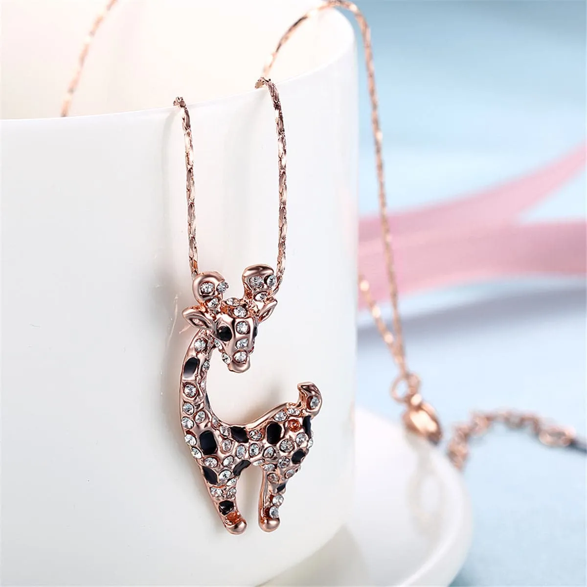 Cubic Zirconia & Enamel 18K Rose Gold-Plated Giraffe Pendant Necklace