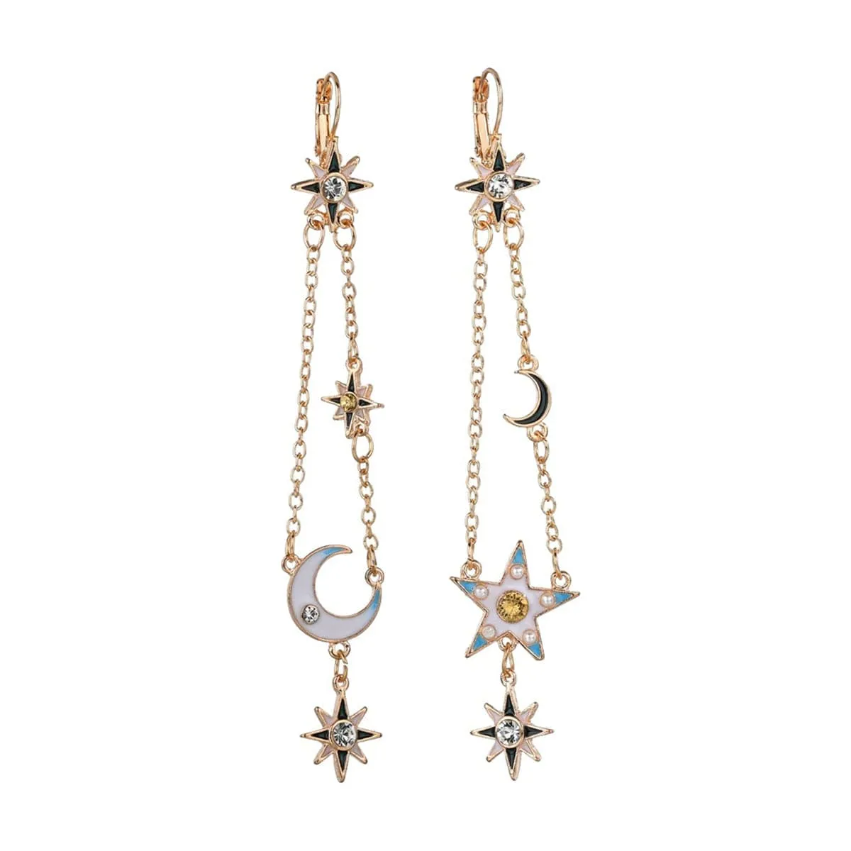 Cubic Zirconia & Enamel Pearl 18K Gold-Plated Moon & Star Drop Earrings
