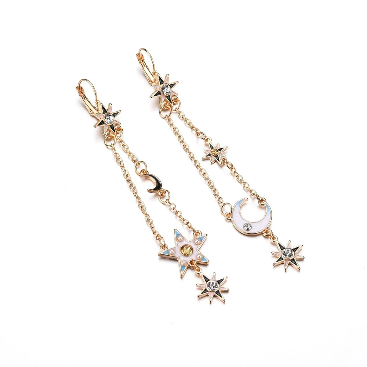 Cubic Zirconia & Enamel Pearl 18K Gold-Plated Moon & Star Drop Earrings